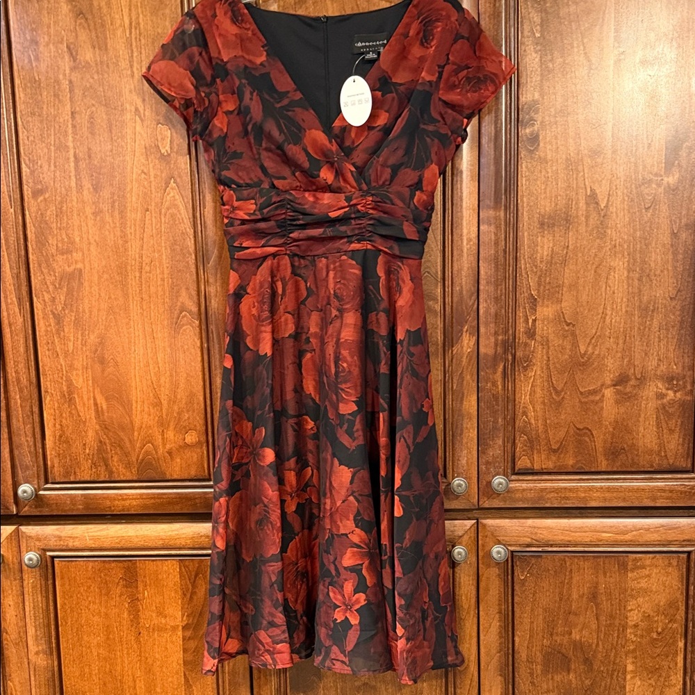 Connected Apparel Red and Black Floral Midi Dress